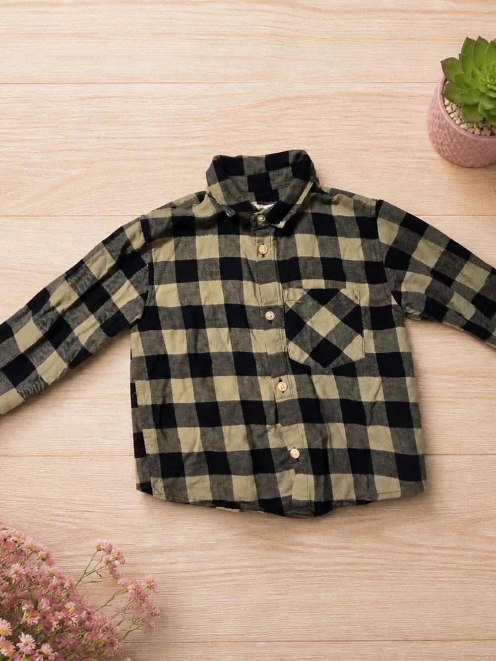 Zara Baby Boys Buffalo Plaid Flannel Button-Up Shirt Green Black Size 18-24M
